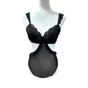 We Are HAH Lingerie Bodysuit Key To UR Heart Sheer Ruffle Black‎ Noir Revolve XS